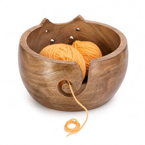 Image of Large Cat Yarn Bowl, 7 x 4 Inch Wooden Crochet Holder | Mango Wood, Holds 2-3 Yarn Balls, 5 Hook Slots, Tangle-Free, Smooth Finish, Cat Shape, Giftable