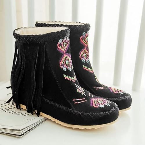 Women's Retro Fringe Moccasin Boots Low Heel Ankle Boots Slip On Comfy Warm Classic Booties3