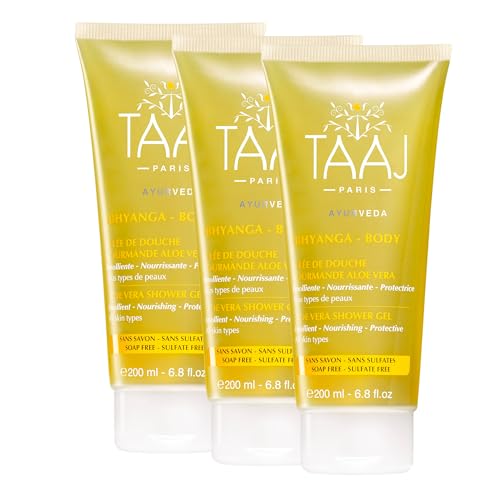 TAAJ | Jalea de ducha Abhyanga Aloe Vera | Nutre e Hidrata la Piel | Mousse Delicada y Fundente | Libre de crueldad | Juego de 3x200ML