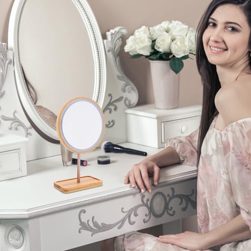 Espejo de maquillaje LED de madera Toyvian con batería y bandeja para mesa tocador 5