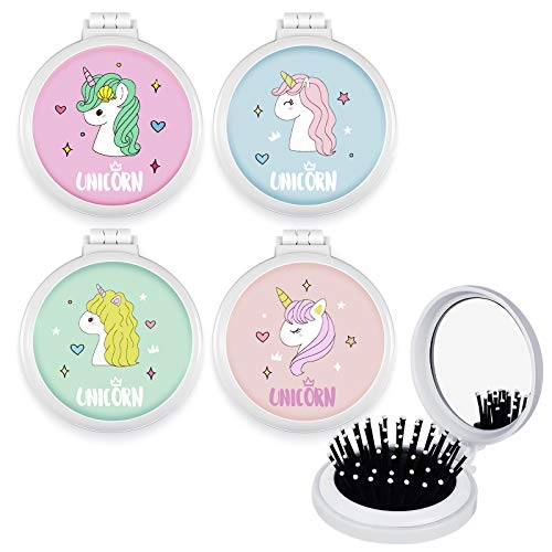 4 Pieces Folding Hair Brush with Mirror Unicorn Pop Up Compact Hair Brush Round Travel Hair Comb Travel Pocket Hair Brush Mini Mirror Hair Comb for Makeup Travel School