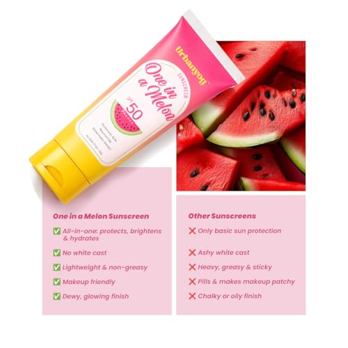 Image of Urban Yog One in Melon Sunscreen SPF50 PA++++ | Watermelon Cooling | Non-Greasy, Water Resistant | Lightweight, No White Cast | All Skin Types | 50g