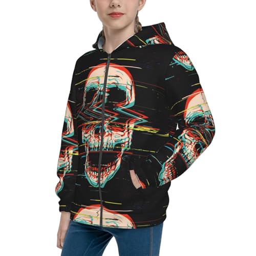 Glitch Screaming Skull Kids Pullover Hoodies Boys Zip Up Sweatshirts Girls Athletic Clothes with Pocket