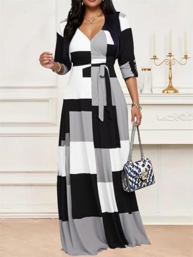Image of CaniBtr Maxi Dresses for Women Plus Size 3 /4 Sleeve Long Dress with Belt | Versatile plus-size maxi dress,wrap v-neck + waist tie craft soft glamorous looks easily for everyday casual outings
