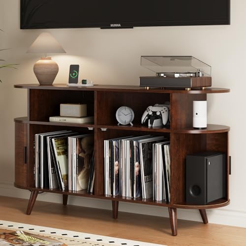 FURSUN 55" Large Round Record Player Stand, Record Storage Cabinet Holds Up 300 Albums with Charging Station & USB Ports, Fluted Modern Turntable Stand for Bedroom, Living Room, Dark Walnut