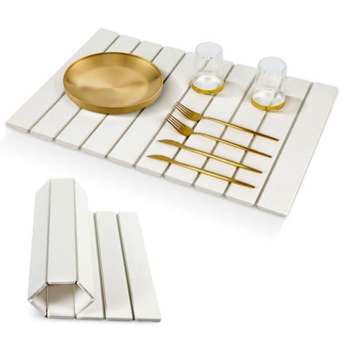 24”×16” Large Stone Drying Mat Collapsible Diatomaceous Earth Fast Drying Mat for Kitchen Counter Super Absorbent Kitchen Counter Pad for Dishes Cups Bottles Pots, Suitable for Any Countertop, White