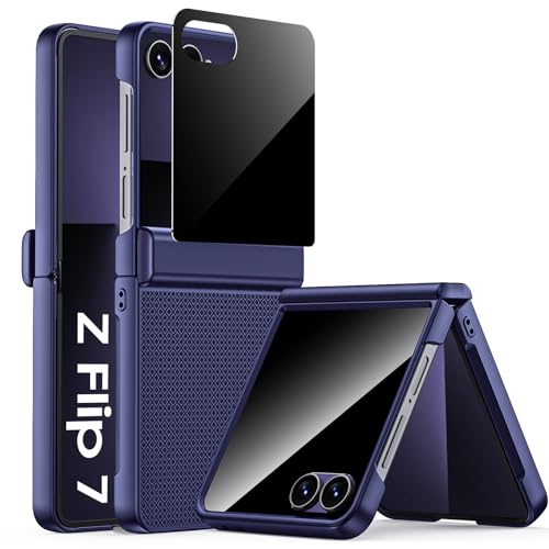 Spugan for Samsung Galaxy Z Flip 7 Case with Privacy Screen Protector & Hinge Protection, Slim Non-Slip Hard Full Body Shockproof Cover Wireless Charging Case for Galaxy Z Flip 7 (Blue)