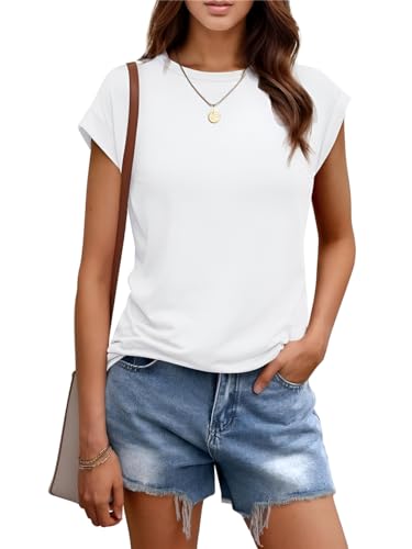 AirMood Camiseta básica informal de verano para mujer con manga casquillo, blanco, S