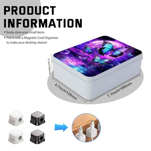 Image of Metal Tin Box with Lid for Game Cards Home Organizer Candles Keys Crafts Storage - Equipped with 4 Magnetic Cord Clips,Purple Moon Blue Butterfly