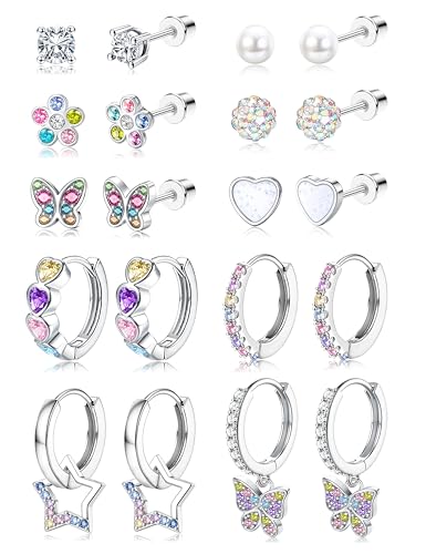 LOLIAS 10 Paar Kinder Ohrringe Mädchen Hypoallergene Medizinische Ohrstecker und Creolen für Mädchen Chirurgenstahl Bunt CZ Perle Herz Schmetterling Blume Stern Kinderohrringe Silber 925 Mädchen