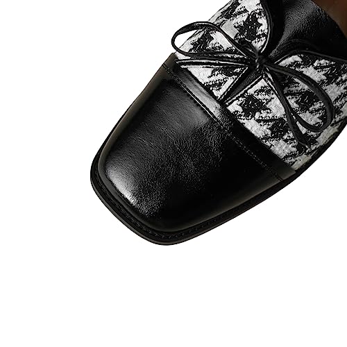 TinaCus Sqaure Toe Genuine Leather & Plaid Fabric Handamde Cute Bowtie Women's Flat Shoes2