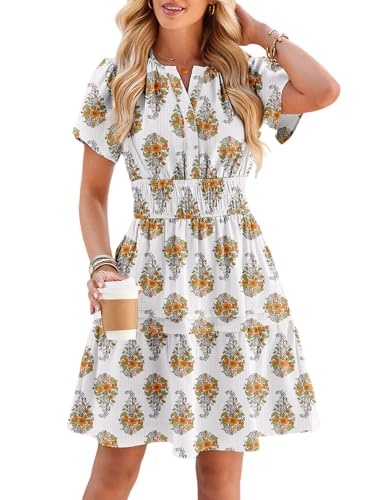 Image of Duigluw Dresses for Women 2025 Casual Summer Short Sleeve V Neck Beach Mini A-Line Ruffle Flowy Dress