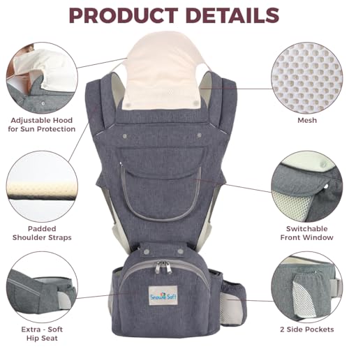 Image of SNOWIE SOFT 3 in 1 Baby Carrier for 0 to 3 Year Baby, Ergonomic Variable Baby Carrier with Detachable Hip Seat, Adjustable Straps, Head Guard, Breathable Padded Cotton, Max Weight Up to 20 Kg (Grey)