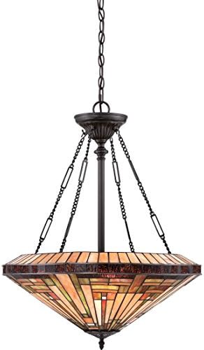 Quoizel Stephen 4-Light Vintage Bronze Pendant Lights, Hand-Assembled Tiffany Style Art Glass Room Light, Traditional Style Hanging Light for Kitchen, Living Room, Hallway, or Home Office