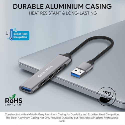 Amkette 4 Port USB Hub for Laptop/PC with USB 3.0 Port for 5 Gbps Superspeed Data Transmission,1*USB 3.0 Ports, 3*USB 2.0 Port,Sleek Metal Design,Universally Compatible with All USB,PC,Laptop (Grey)