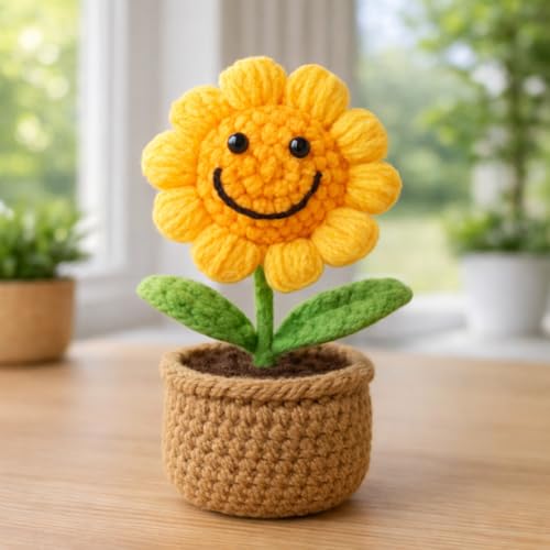 Image of Amazon Brand - Umi Handmade Crochet Flower Pot for Home & Office Decor, Cute Smiling Floral Tabletop Showpiece, Aesthetic Desk Decoration, Unique Gift for Friends Family & Loved Ones (Bloom Yellow)