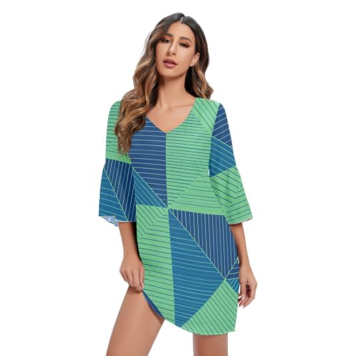 Robe trapèze en mousseline col en V pour femme vert tropical chic