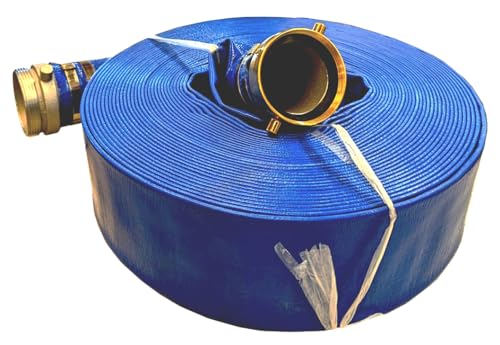 Image of 1.5 inch x 100 foot Heavy-Duty PVC Lay Flat Discharge Hose, 70 PSI, with Aluminum Pin Lug Fittings with Brass Nut, Reinforced for Water Transfer and Irrigation