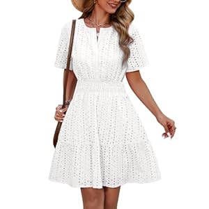 Yuson Girl Kleid Damen Sommerkleid V-Ausschnitt Kurzärmeliges Kleider Sommer Baumwolle Ausgehöhltes Minikleid Kurz Strandkleid Freizeitkleid High Waist A-Linien Sommerkleid