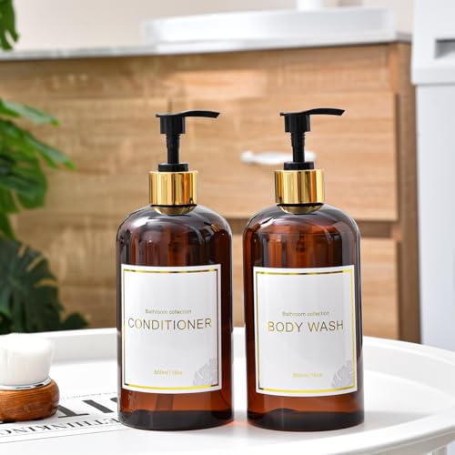Image of Akalin 16oz Shampoo and Conditioner Dispenser, Set of 3 Shampoo Bottles Refillable with Pump, 3 Shampoo and Conditioner Bottles, Shower Bottles Refillable with 6 Waterproof Labels (Brown)
