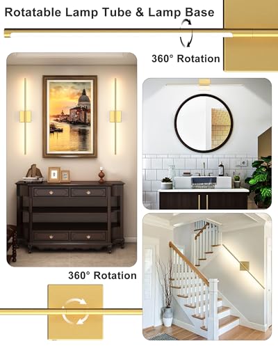 Image of Battery Powered Wall Sconce Set of Two: Gold Wireless Rechargeable Wall Lights with Touch and Remote Control, 360Rotatable 4CCT Dimmable Cordless Scone Lighting Decor for TV Wall Bedroom Bathroom