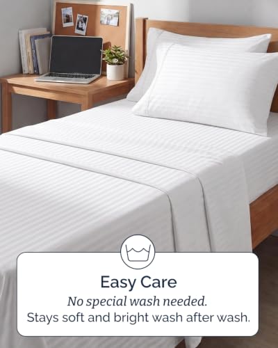 Image of Twin 4 Piece Bed Sheet Set - Breathable & Cooling Sheets - Striped White