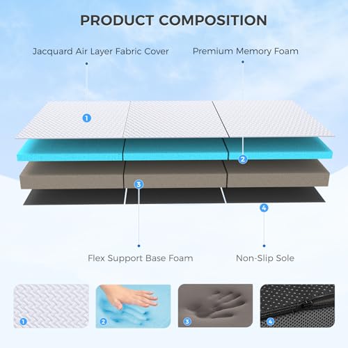 Image of MASVIS Trifold Mattress, 3 Inch Memory Foam Foldable Mattress with Washable Cover, Tri-Folding Floor Bed for Camping, Single