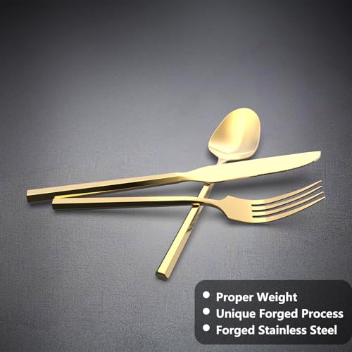 Kikbioee Gold 20 Piece Forged Stainless Steel Silverware Set, Hexagon Handle Flatware, Modern Mirror Finish Cutlery Set, Service for 4, Dishwasher Safe Kikbioee Gold 20 Piece Forged Stainless Steel Silverware Set, Hexagon Handle Flatware, Modern Mirror Finish Cutlery Set, Service for 4, Dishwasher Safe