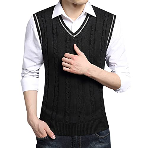 Mens Cable Knit Sleeveless Sweater Vest V Neck Pullover Tank Soft Slim Knitwear for Office Wear Fall Winter Vests