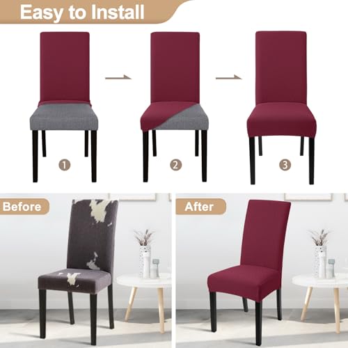 Image of SearchI Dining Room Chair Covers Set of 6, Stretch Jacquard Parsons Chair Slipcovers Removable Washable Kitchen Chair Protector Cover for Dining Room, Hotel, Ceremony (Wine Red Rhombus)