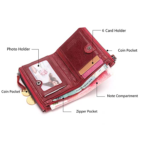 Image of CONTACTS Soft Leather Wallet for Women Small Bifold Coin Purse Double Zipper Card Holder with RFID Blocking (Red)