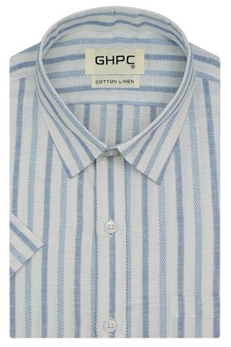 Image of GHPC Cotton Linen Striped Half Sleeves Regular Fit Formal Shirt for Men