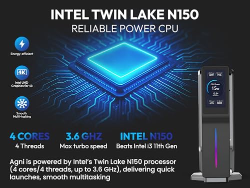 Image of SKULLSAINTS Agni Mini PC - Vibrant LCD Screen, M.2 SSD, Mini Tower with RGB Lights, WiFi 6, 4K UHD, Dual LAN for Home and Office (8+256, 13th Gen N150)
