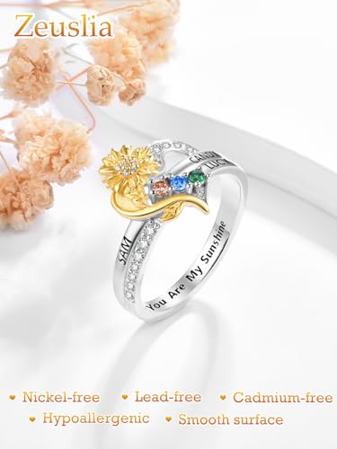 Personalized Ring for Women Birthday Gifts Sterling Silver Birthstone Heart Ring Engraved Names Custom Birthstones Jewelry Anniversary Graduation Gifts for Daughter Wife Mom Grandma4