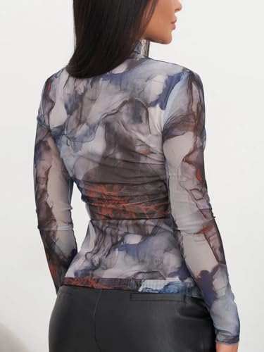 Printed Mesh Shirts for Women Long Sleeve Mock Neck Tops2
