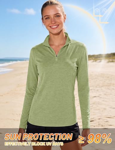 MAGCOMSEN Women Sun Shirt Long Sleeve Rash Guard Quick Dry Tops Quarter Zip Pullover Hiking Workout Running Athletic Shirts Wheat Green M - 3