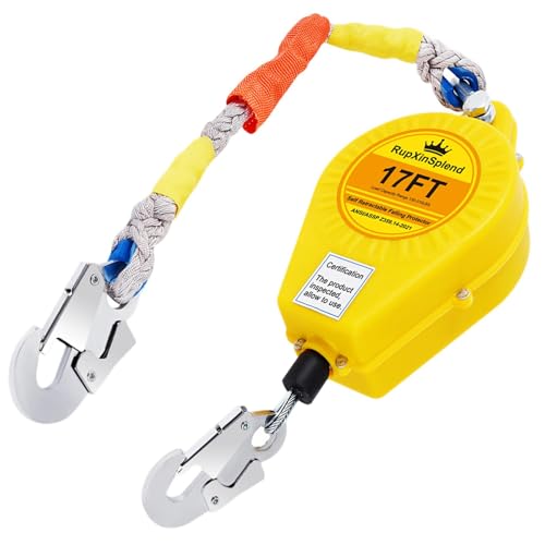 Image of Fall Arrester Protector Self Retractable 17FT Fall Protection Gear Double Locking, Dual PPE+Alloy Steel housing Heavy Duty Lifeline Safety Lanyard Rope Cable Wire Roofing Construction
