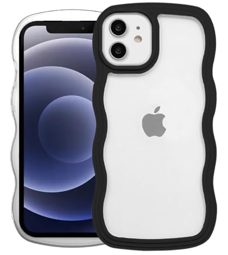 Image of GoldKart iPhone 12 /12 Pro Case Wavy Edge Clear Back Design, Anti-Slip Grip Cute Wave Curly Frame Shape Shockproof Soft TPU & Hard PC Bumper Protective Phone Case Cover for Women Girls - Black