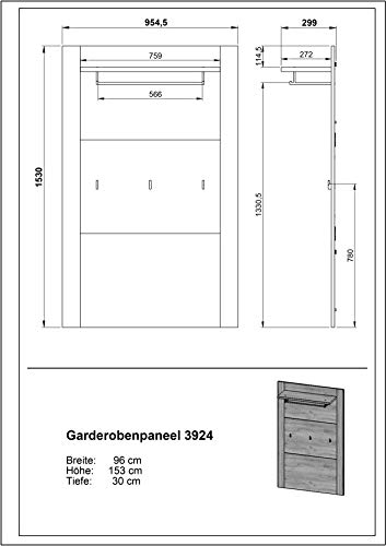 Germania Garderobenpaneel GW-Castera 3924-243 | In Navarra-Eiche | 96 x 153 x 30 cm - 3924-243 Germania Garderobenpaneel GW-Castera 3924-243 | In Navarra-Eiche | 96 x 153 x 30 cm