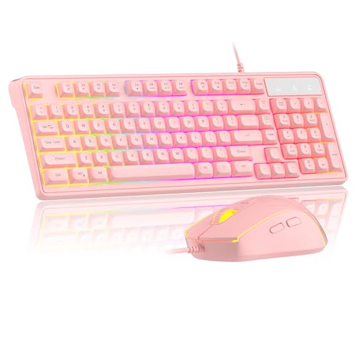 Combo clavier et souris rose crémeux, MageGee GK980 clavier filaire RGB rétroéclairé et souris de jeu rose, clavier PC et souris à sensibilité réglable...