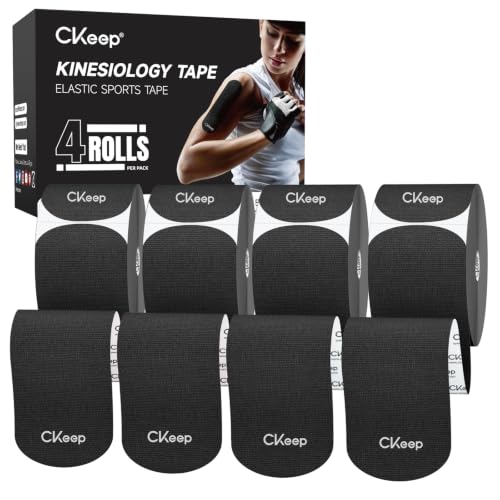 Image of CKeep Kinesiology Tape, Original Cotton Elastic Precut Strips 4 Rolls, Black | Latex Free High Adhesion Athletic Tape, Waterproof & Breathable Sports Tape for Muscle Support & Injury Prevention 80 Count