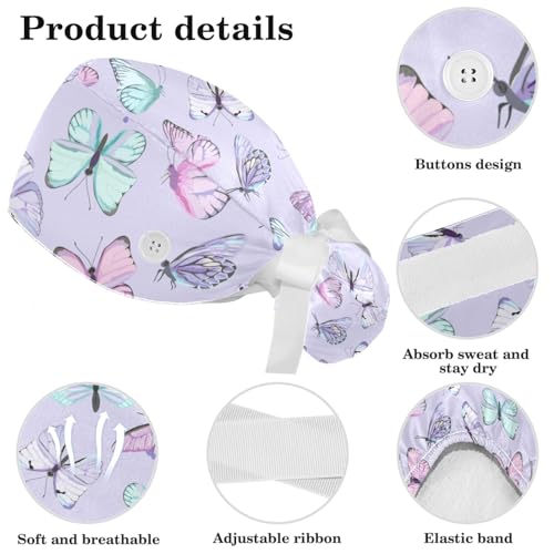 Image of Butterfly Scrub Cap Women with Ponytail & Buttons Adjustable Surgical Nurse Hat with Cotton Sweatband for Long Hair