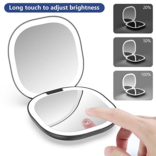 Wobsion Travel Mirror With Light, Rechargeable 1X/10X Compact Magnifying Mirror, Dimmable Pocket Mirror,Handheld 2-Side Mirror With Light,3.5 Inch Travel Size,Portable For Handbag,Purse,Gift,Black #TOP4