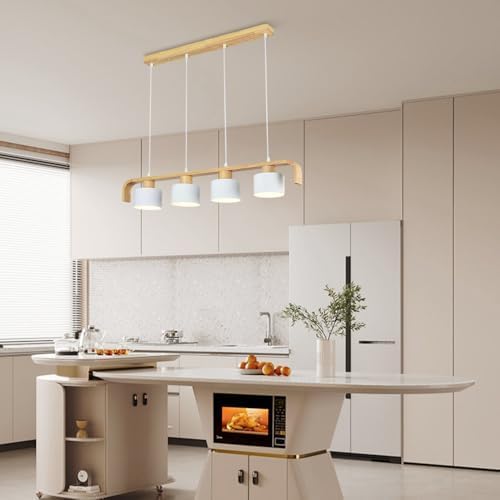Nordic 4-Lights Cluster Light - Linear Wood Hanging Ceiling Lamp for Kitchen Island Dining Table C& Bar - E27 Chandelier Fixture(Gray)/White