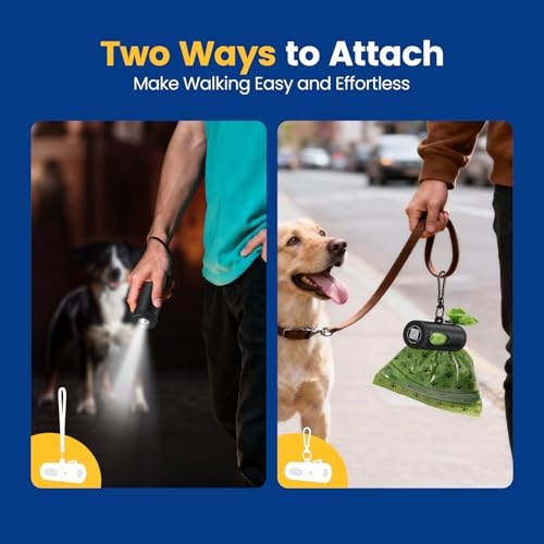 Image of Dog Poop Bag Holder with Rechargeable LED Flashlight, 4 Light Modes for Night Walk Safety, Hands-Free Dispenser with Used Bag Hook & Carabiner Clip, Fits Any Leash, 60 Bags Included