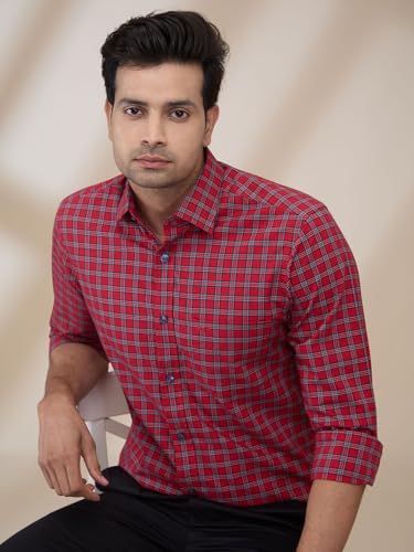 Image of Colorplus Men Regular Fit Checks Pattern Pure Cotton Plain Collar Full Sleeve Casual Shirt