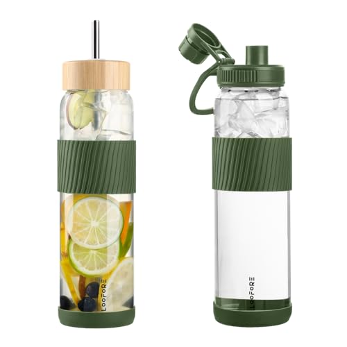 LOOFORE 1 Litre / 1L Bouteille d'eau en Verre et 2 Couvercles Gourde avec Paille, Reutilisable...
