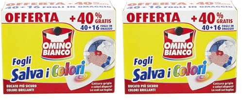 Omino Bianco - Fogli Salva Colore, Struttura a Nido d'Ape, Catturano il Grigio e i Colori Dispersi nel Lavaggio, 40 Pezzi + 16 Omaggio (Confezione da 2)