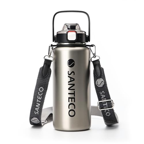 SANTECO Gourde isotherme en acier inoxydable avec paille - 1,2 l - Sans BPA - Avec bandoulière amovible - Anti-fuite - Passe au lave-vaisselle - Pour la course, la gym, la randonnée