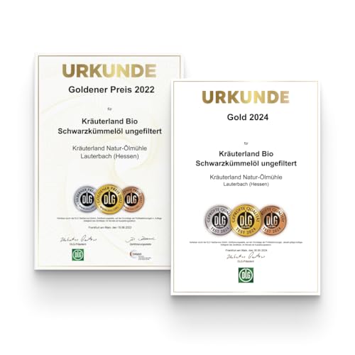 Kräuterland Bio Schwarzkümmelöl 4X250ml (1Liter), ungefiltert, hoher Thymoquinon, Omega Fettsäuren, ohne Zusatzstoffe, kaltgepresst, vegan, mild, mühlenfrisch aus unsrer hessischen Ölmühle